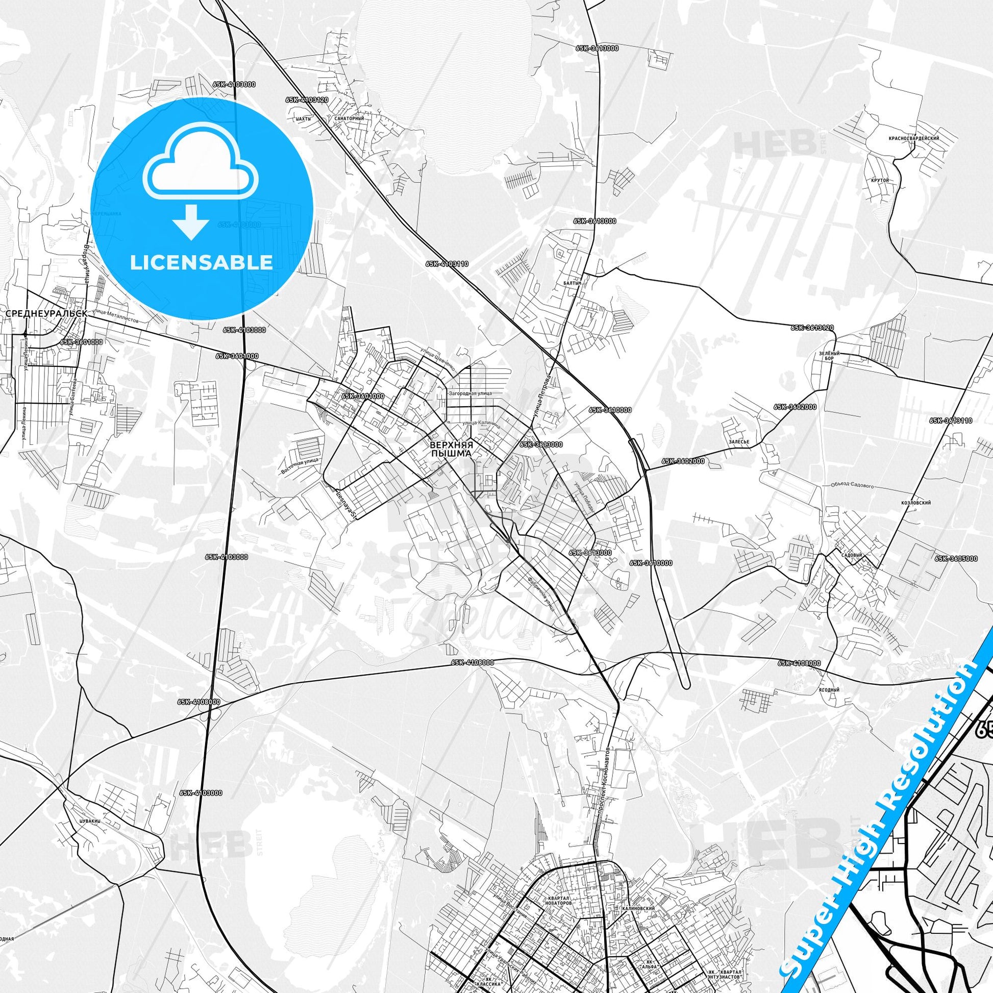 Verkhnyaya Pyshma, Russia light map with streetnames, citynames and districts