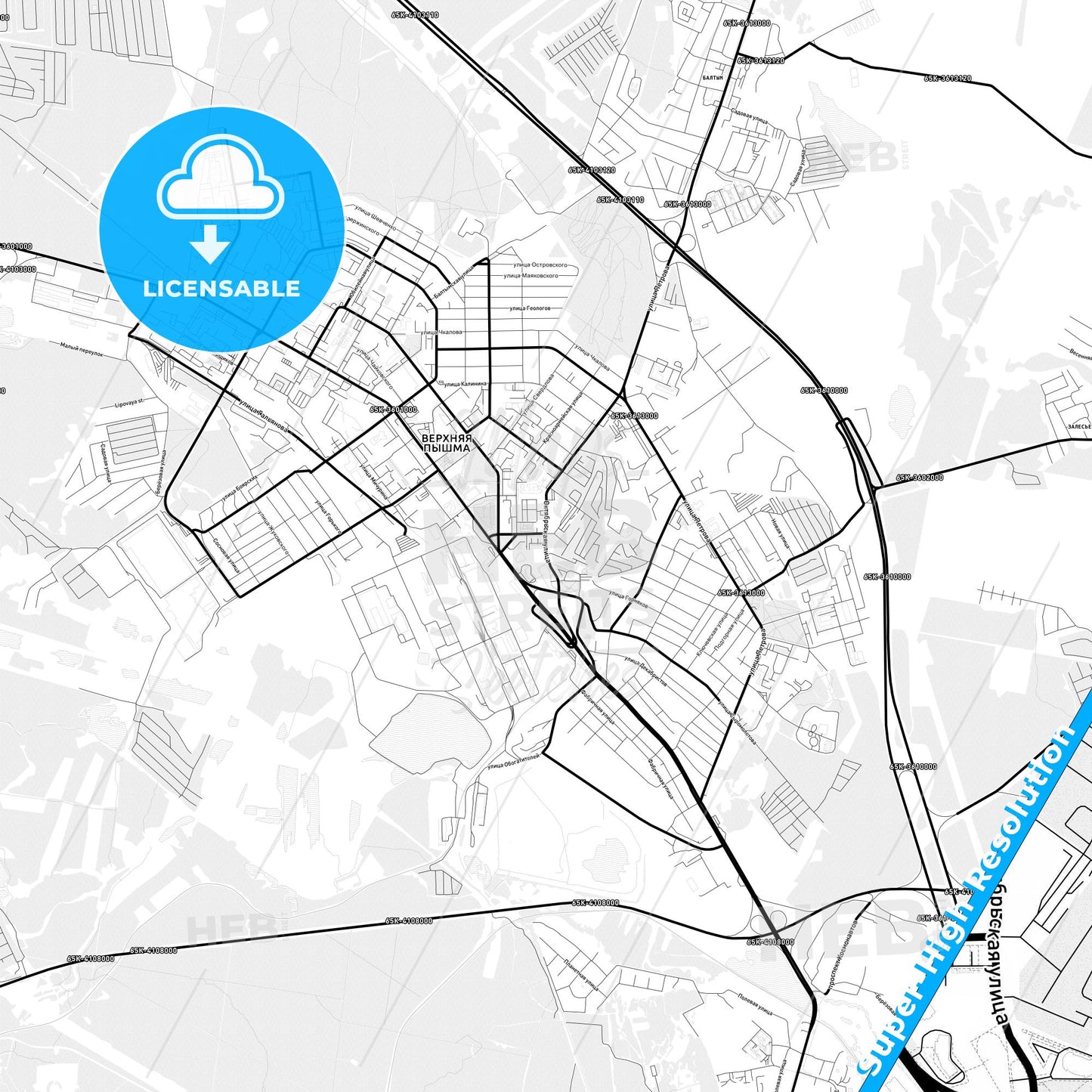 Verkhnyaya Pyshma, Russia Light Map with Street Names, City Names, and Districts