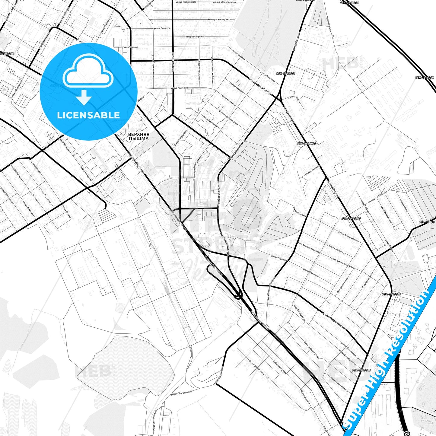 Verkhnyaya Pyshma, Russia Light Map with Street Names, City Names, and Districts