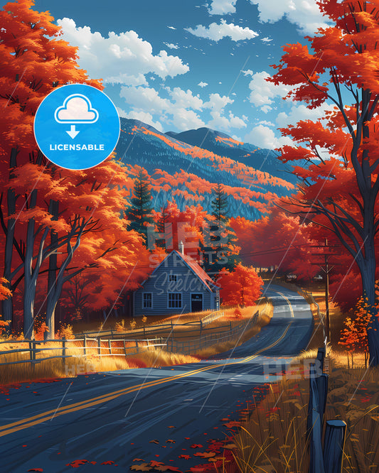 Vibrant Painting of Vermont House on Road with Orange Trees