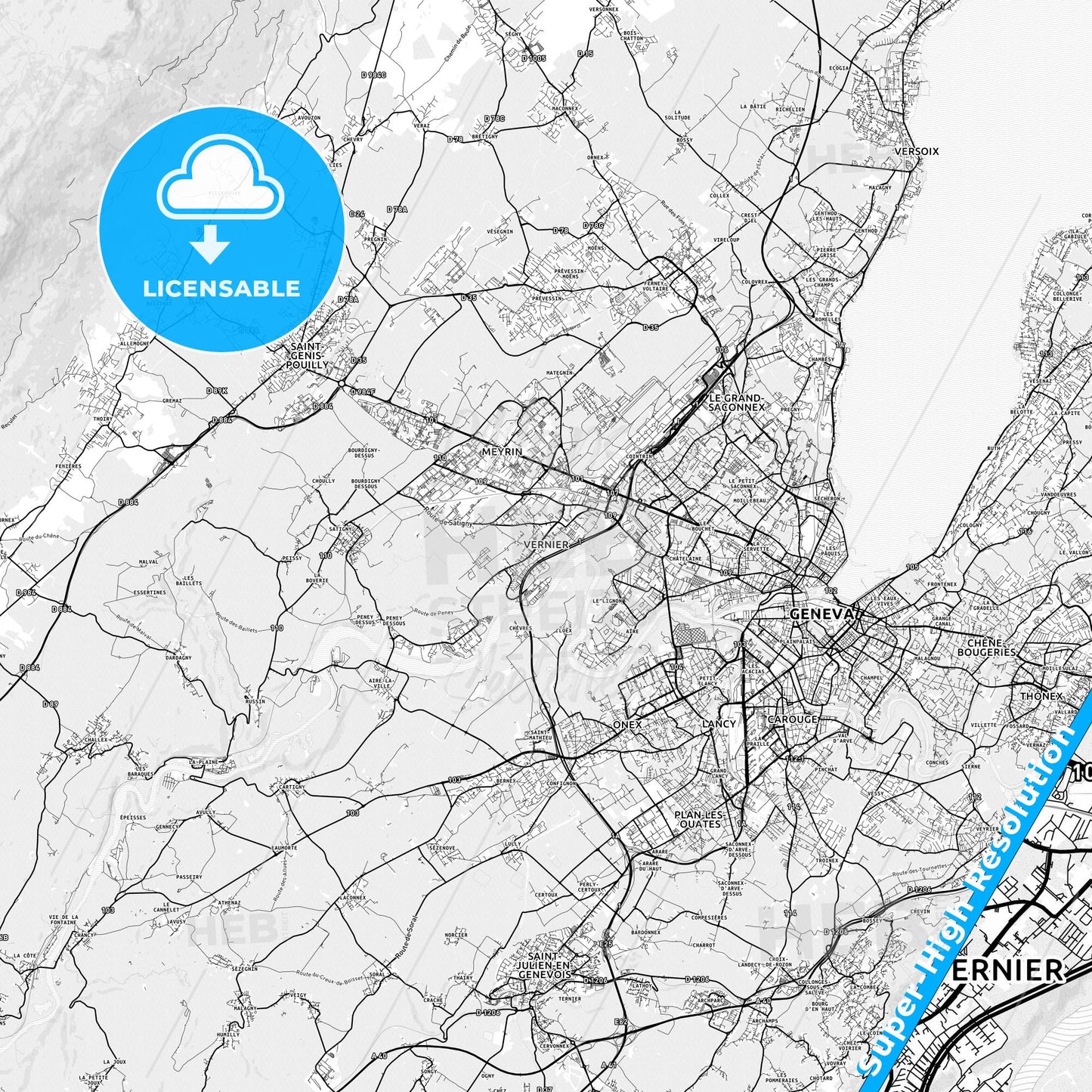 Vernier, Switzerland light map with streetnames, citynames and districts