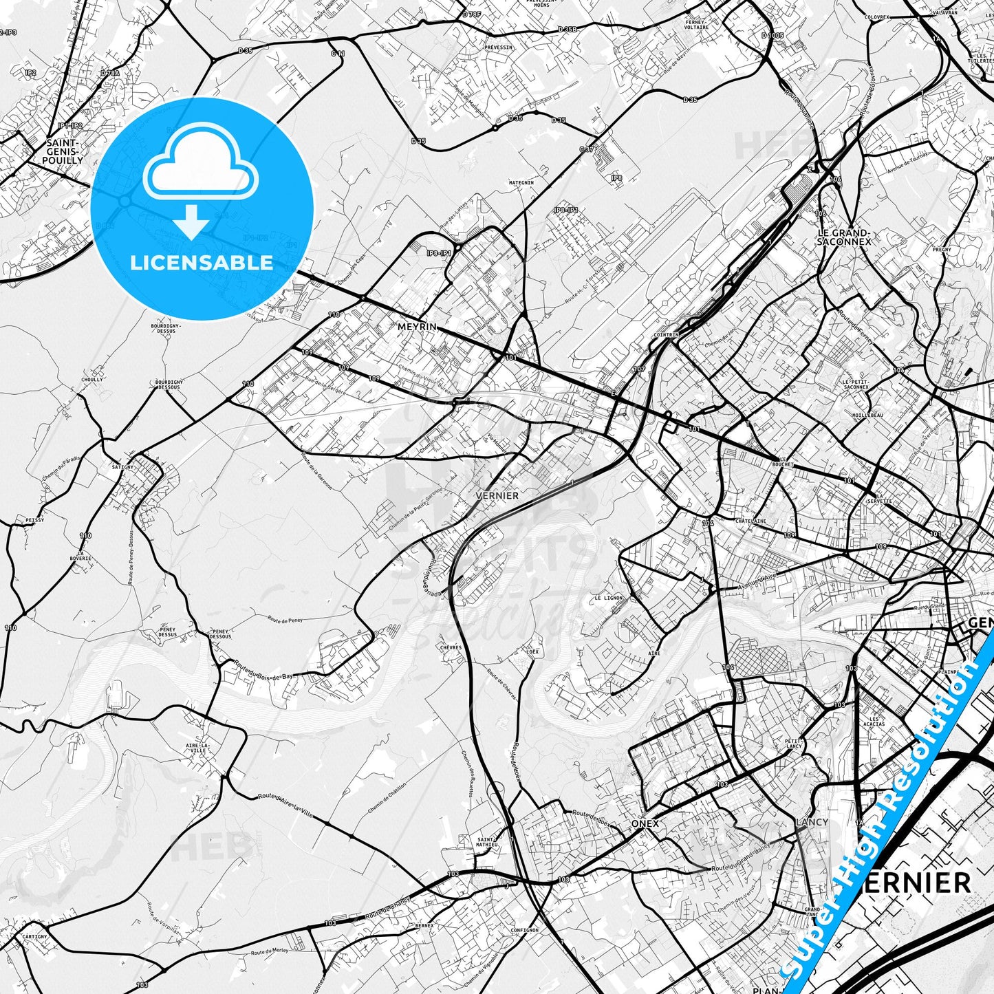 Vernier, Switzerland Light Map with Street Names, City Names, and Districts