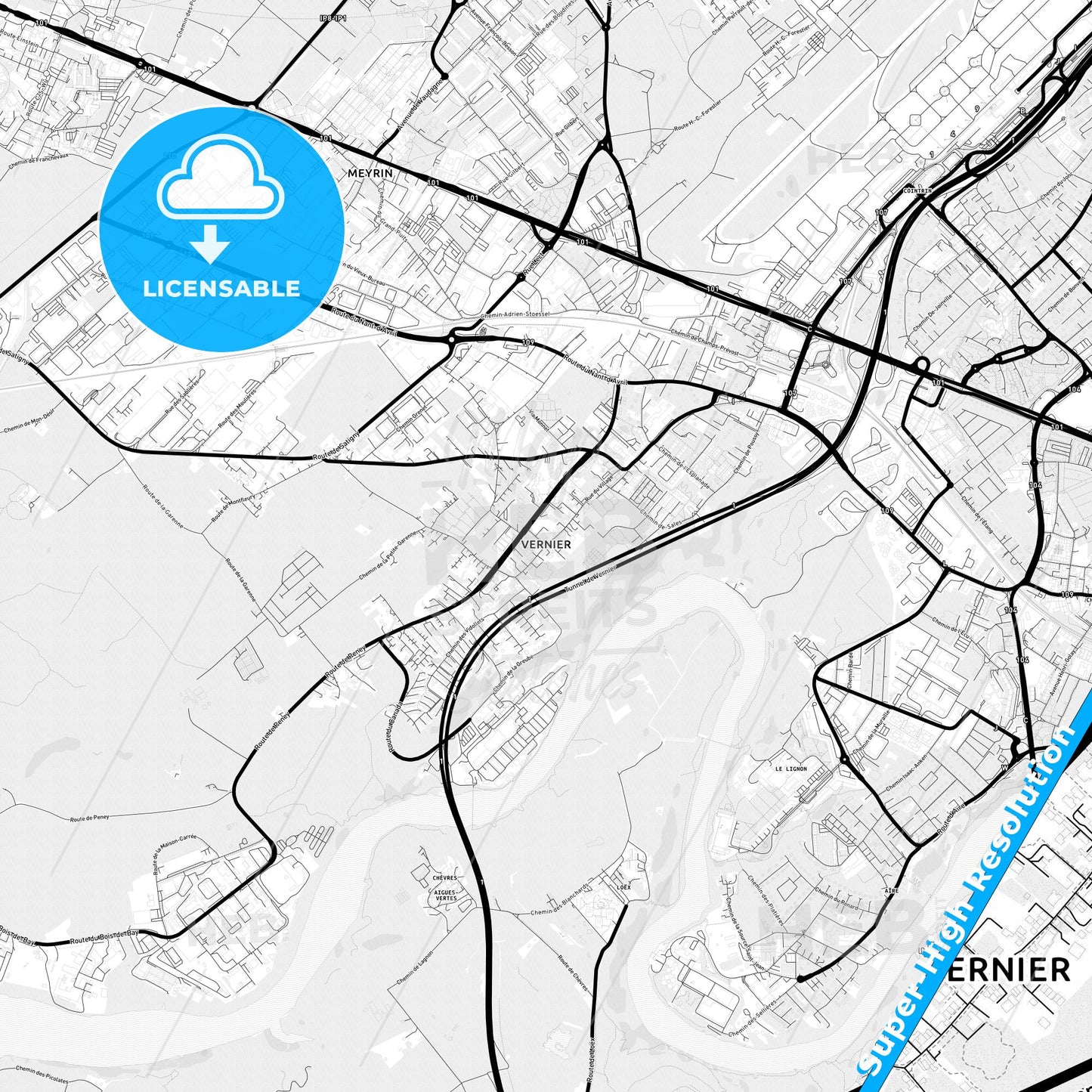 Vernier, Switzerland Light Map with Street Names, City Names, and Districts