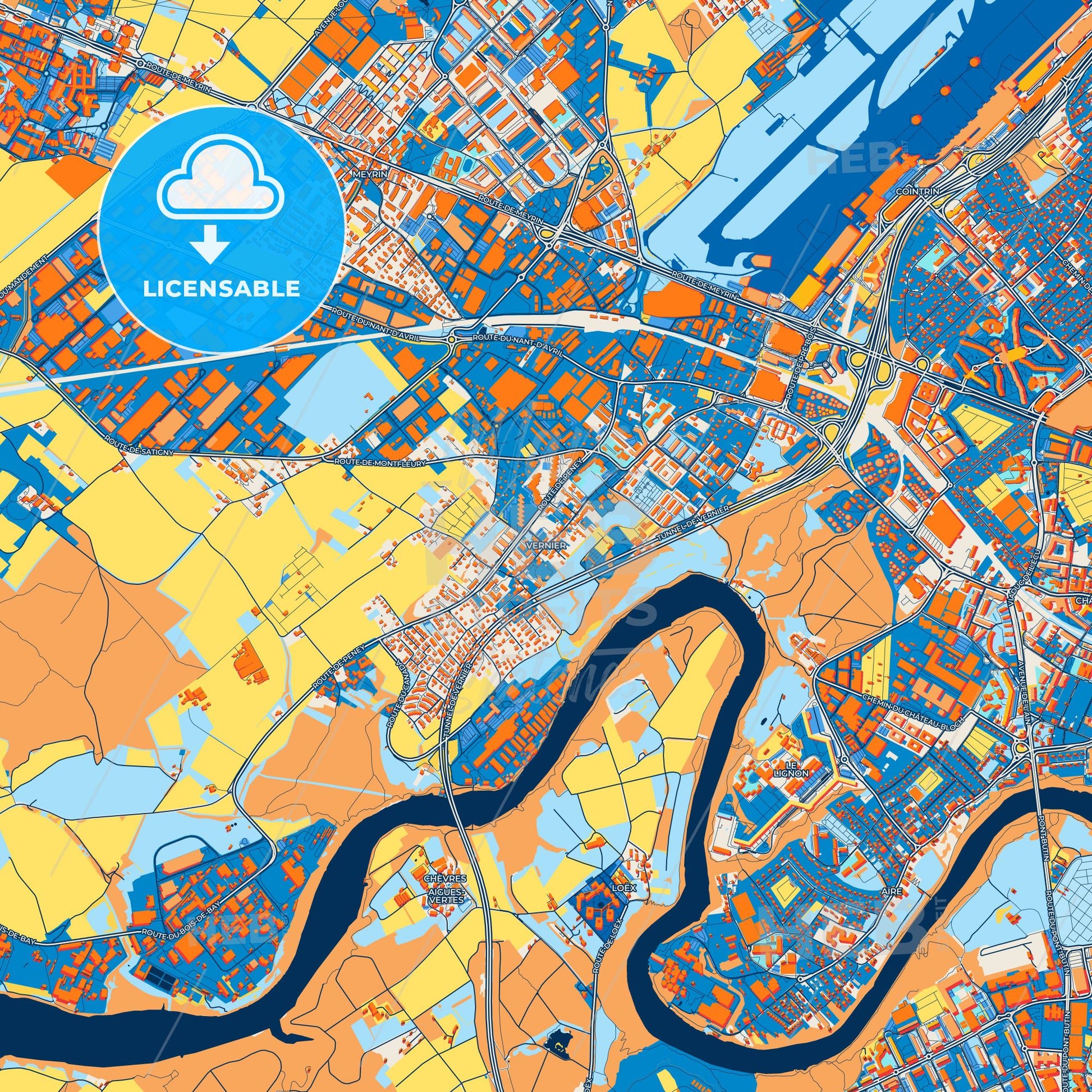 Colorful Vernier Street Map with Labels and Buildings