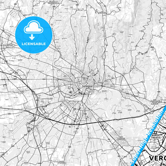 Verona, Italy light map with streetnames, citynames and districts