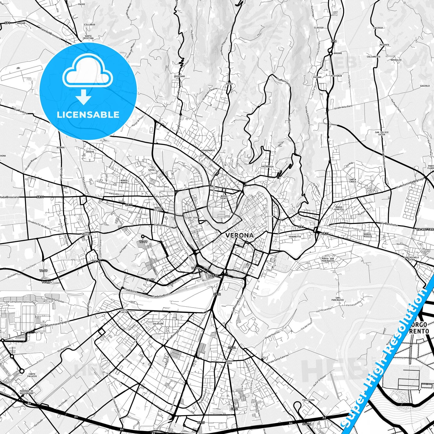 Verona, Italy Light Map with Street Names, City Names, and Districts