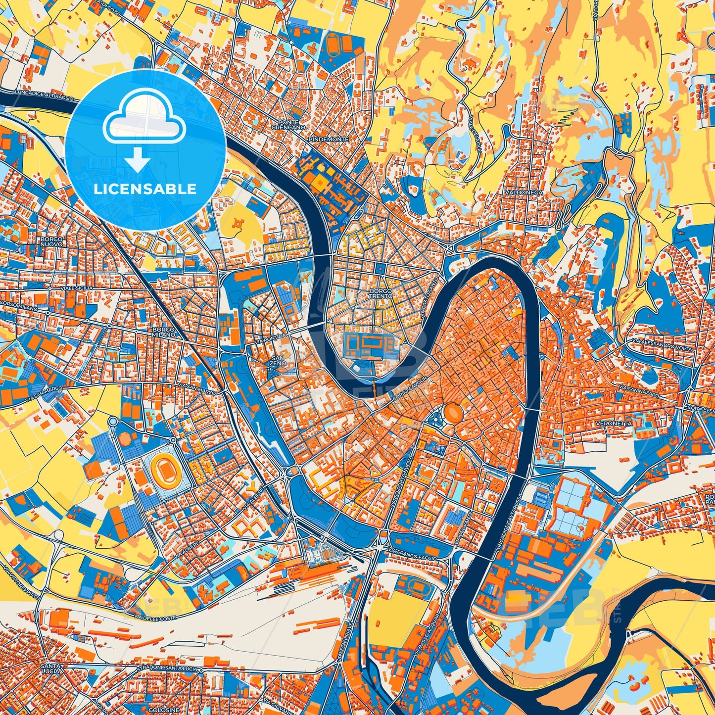 Colorful Verona Street Map with Labels and Buildings