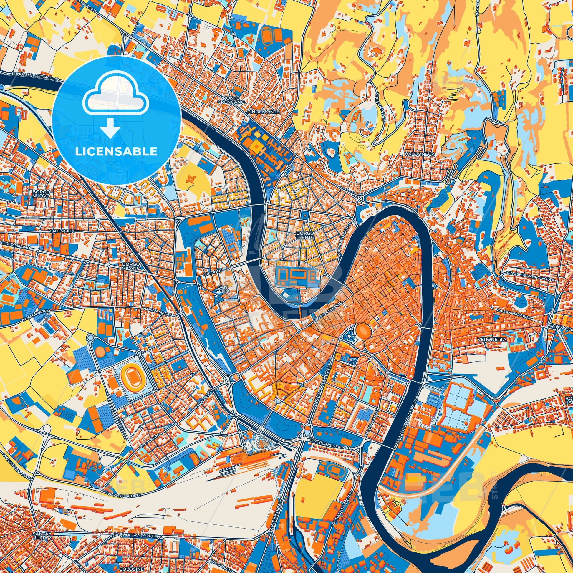 Colorful Verona Street Map with Labels and Buildings