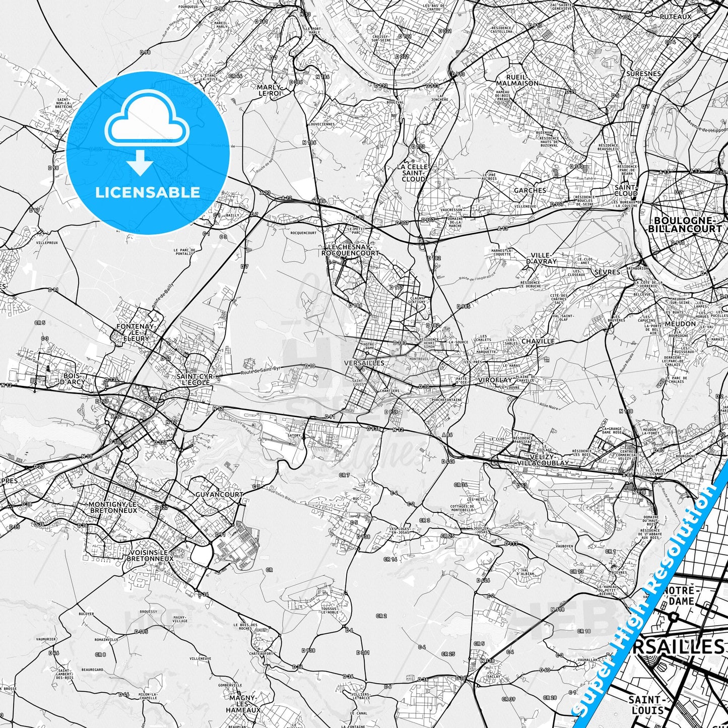 Versailles, France light map with streetnames, citynames and districts