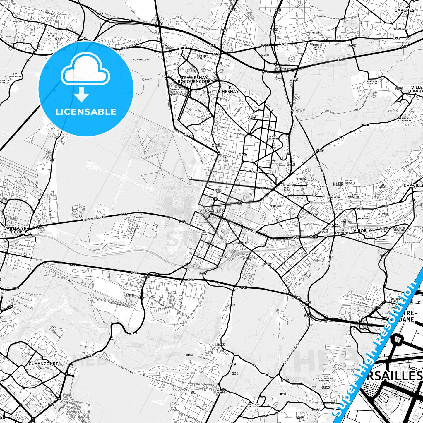Versailles, France Light Map with Street Names, City Names, and Districts