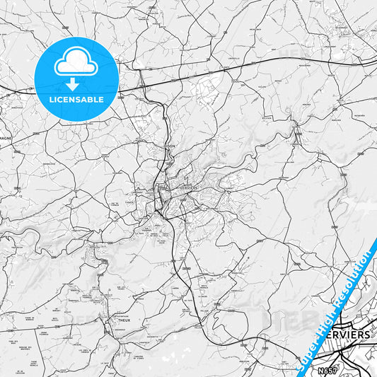 Verviers, Belgium light map with streetnames, citynames and districts