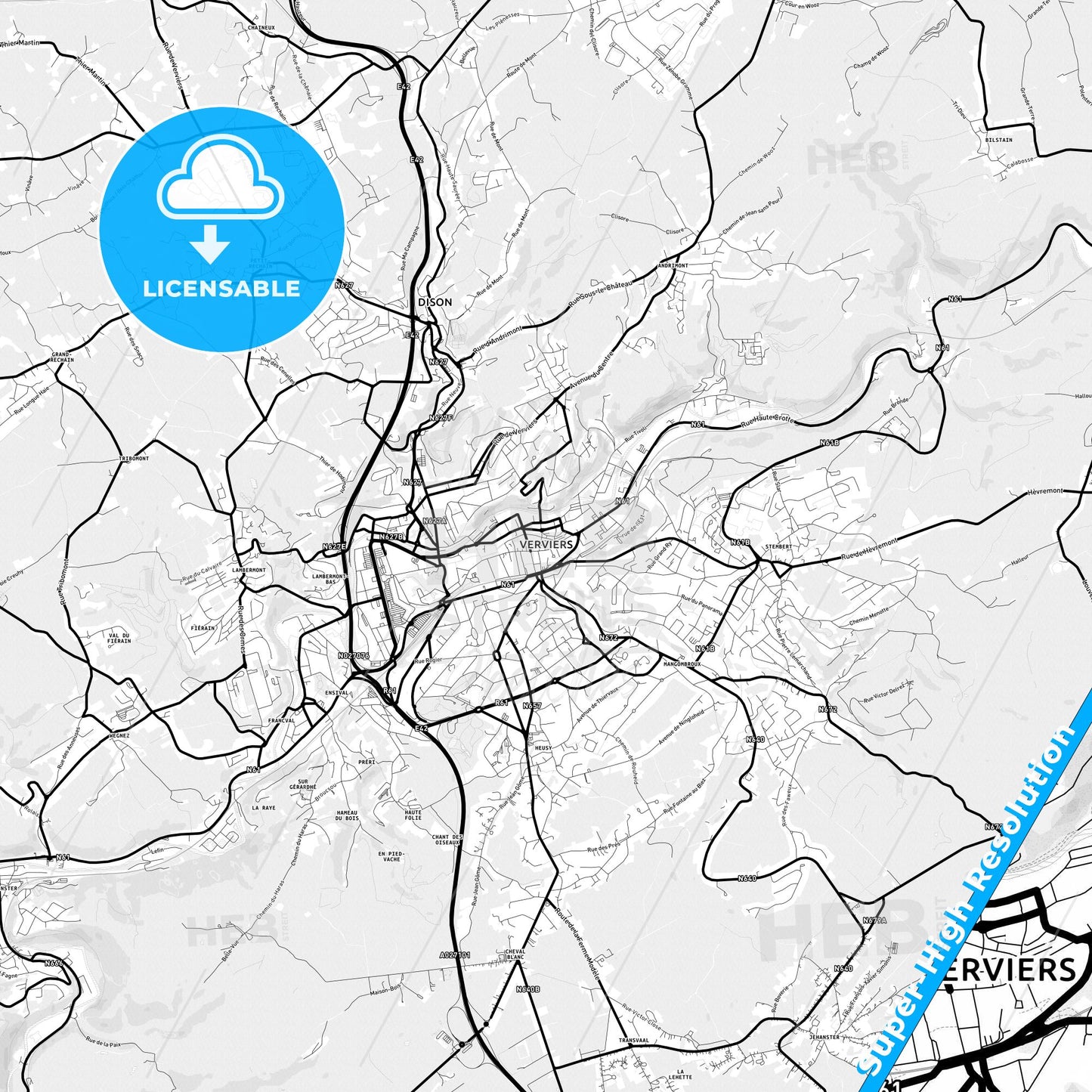Verviers, Belgium Light Map with Street Names, City Names, and Districts