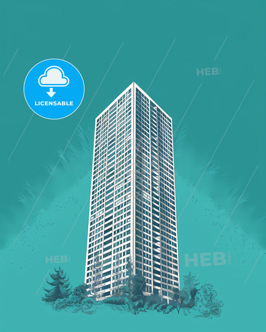 Vibrant and Modern Line Art Skyscraper with Aqua Background and Botanical Elements