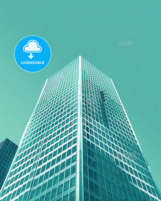 Modern minimalist skyscraper cityscape art, line drawing of tall building with windows, abstract blue background, room for text