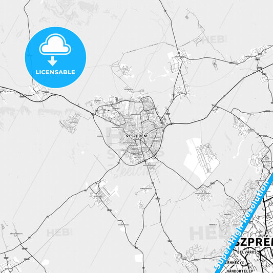 Veszprém, Hungary light map with streetnames, citynames and districts