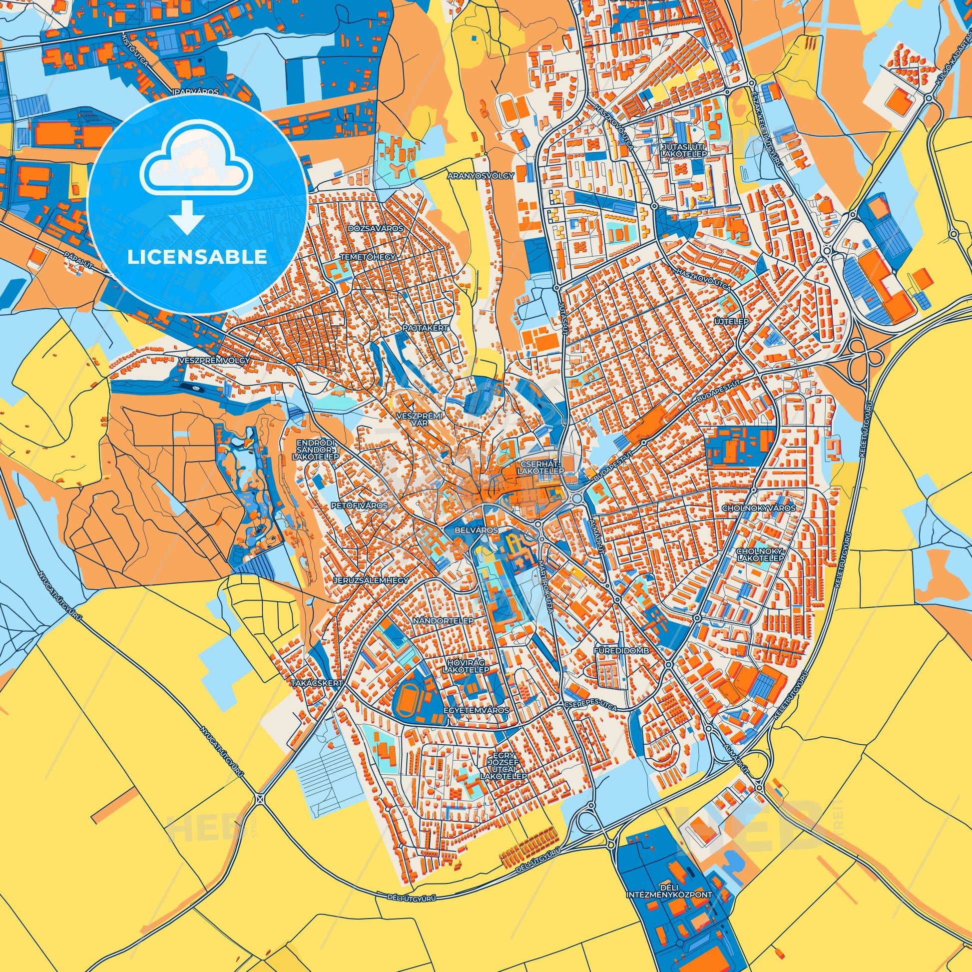 Colorful Veszprém Street Map with Labels and Buildings