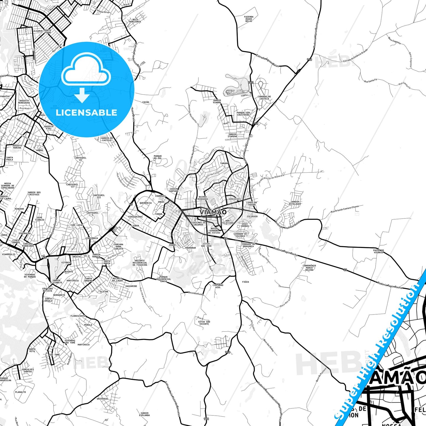 Viamao, Brazil Light Map with Street Names, City Names, and Districts
