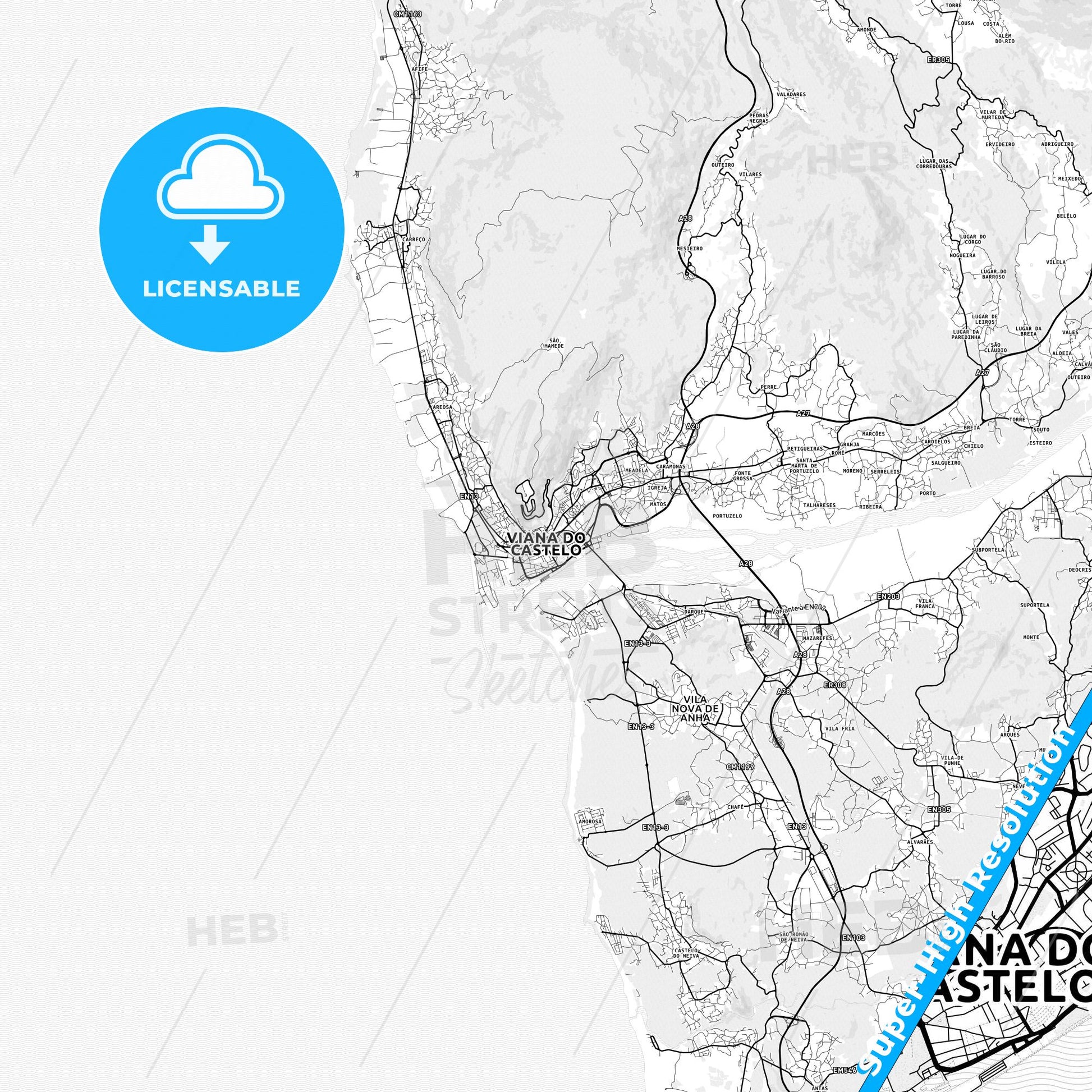 Viana do Castelo, Portugal light map with streetnames, citynames and districts