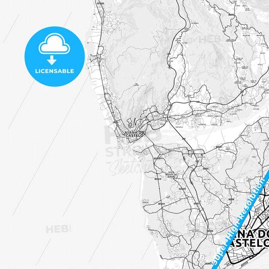 Viana do Castelo, Portugal light map with streetnames, citynames and districts