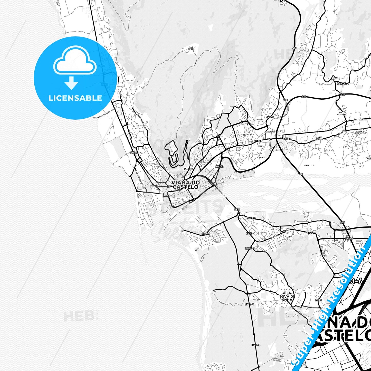 Viana do Castelo, Portugal Light Map with Street Names, City Names, and Districts