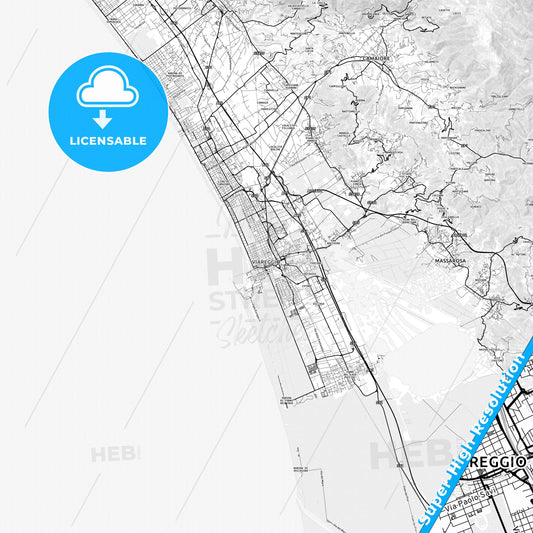 Viareggio, Italy light map with streetnames, citynames and districts