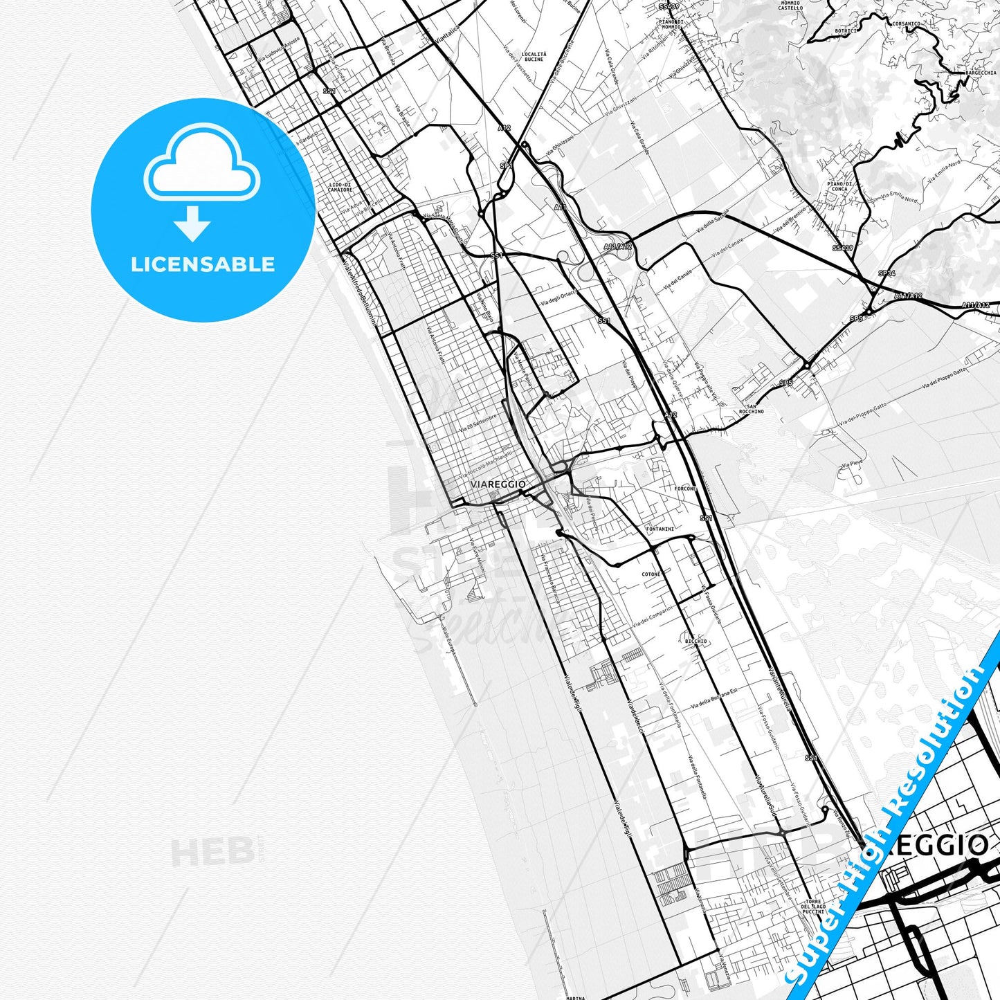 Viareggio, Italy Light Map with Street Names, City Names, and Districts