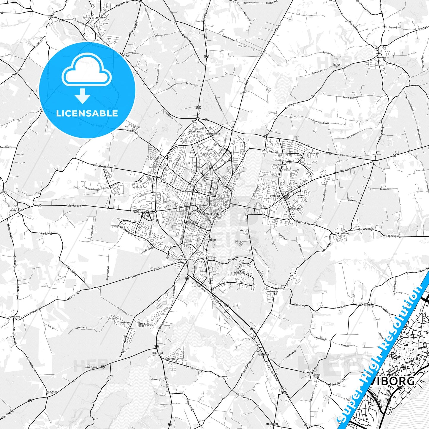 Viborg, Denmark light map with streetnames, citynames and districts