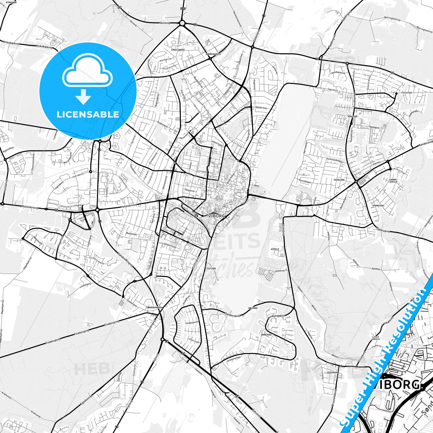 Viborg, Denmark Light Map with Street Names, City Names, and Districts