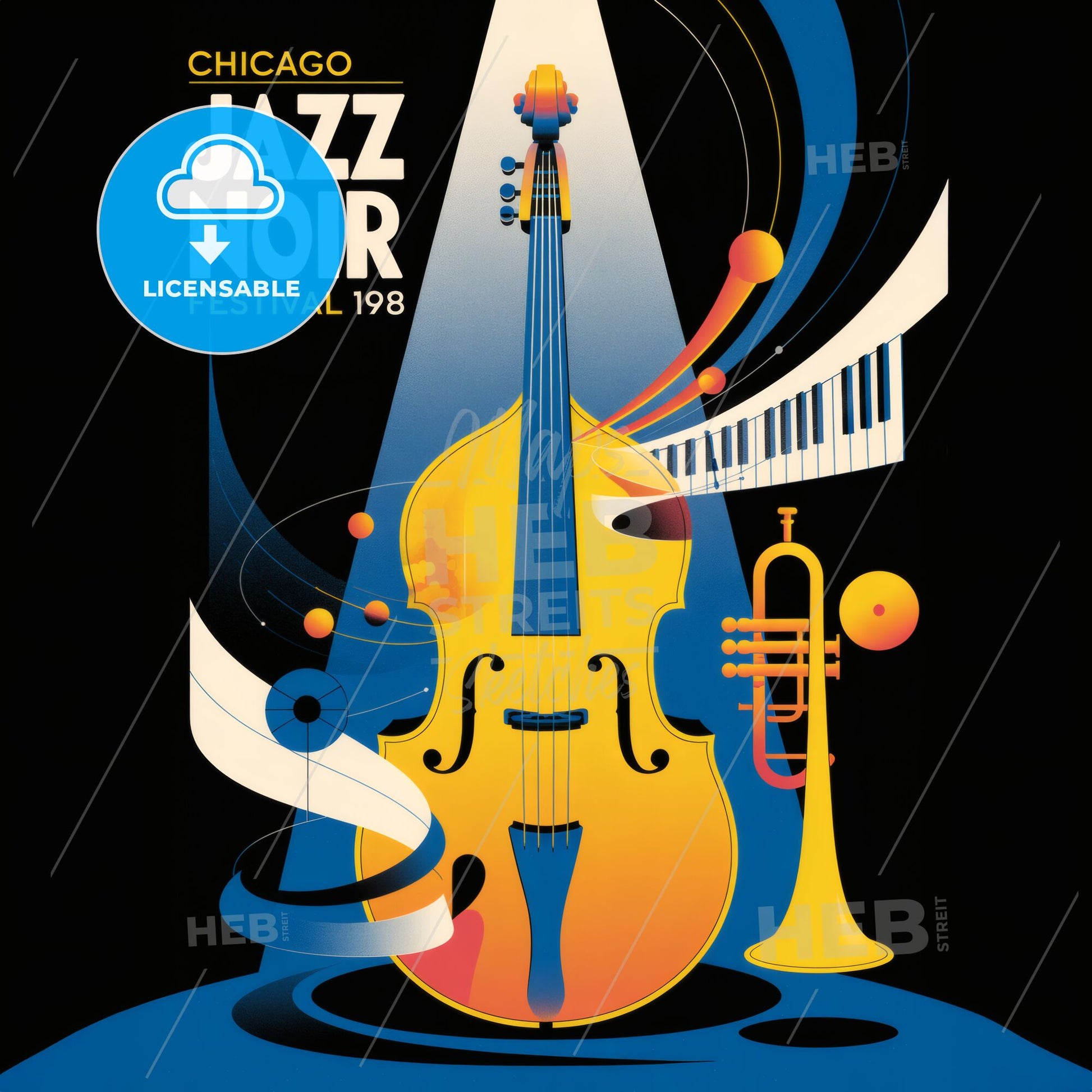 Vibrant Art Nouveau Jazz Festival Poster: Chicago Jazz Noir 1998 - Limited Edition