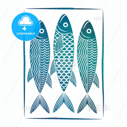 Vibrant Blue Linocut Fish Print: Captivating Patterns Against a Crisp White Canvas