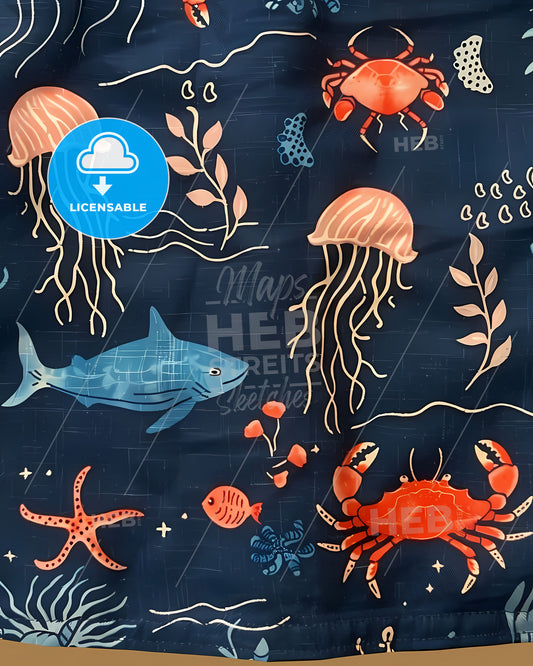 Vibrant Blue Marine Canvas Art: Playful Fish and Jellyfish Patterns in White and Blue