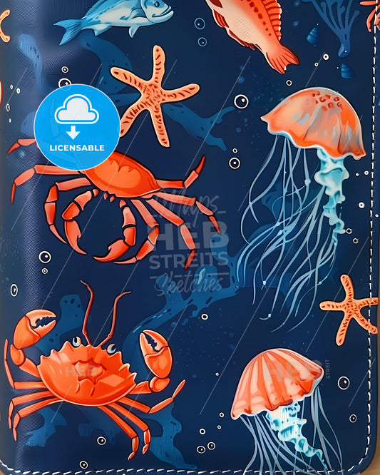Vibrant Marine Canvas: Blue Ocean Hues Adorned with Playful Fish, Jellyfish, and Crabs