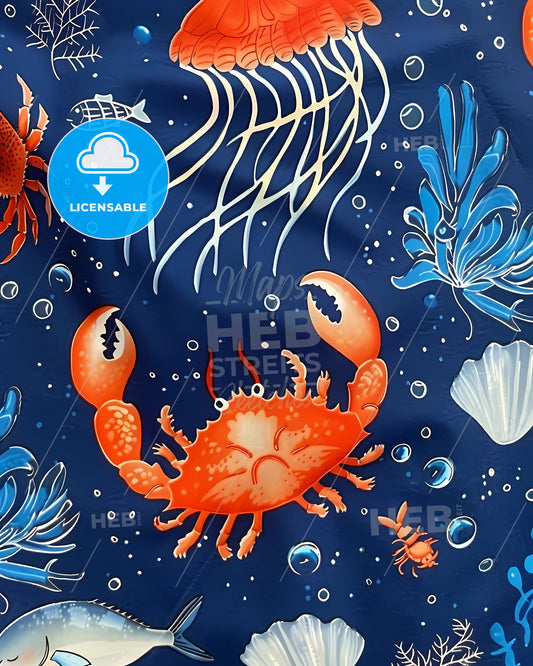 Vibrant Blue Fabric with Playful Sea Animal Patterns: Majestic Crab and Fish Artwork