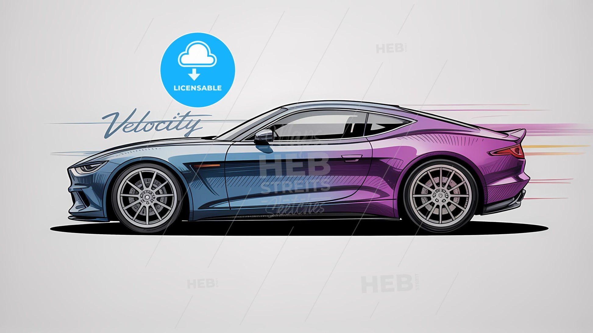 Vibrant Blueprint: Contemporary Sports Car Pencil Illustration in Purple & Blue