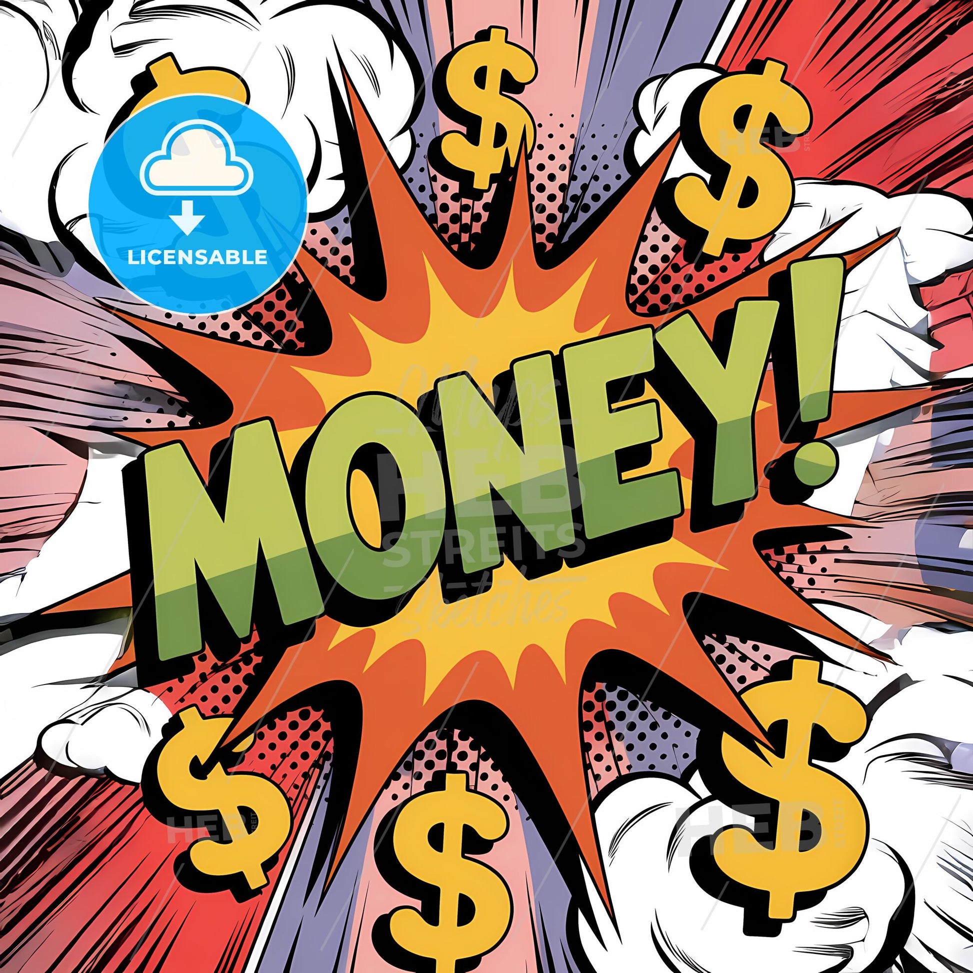 Vibrant Cash Burst: A Retro Comic Celebration of Wealth and Abundance