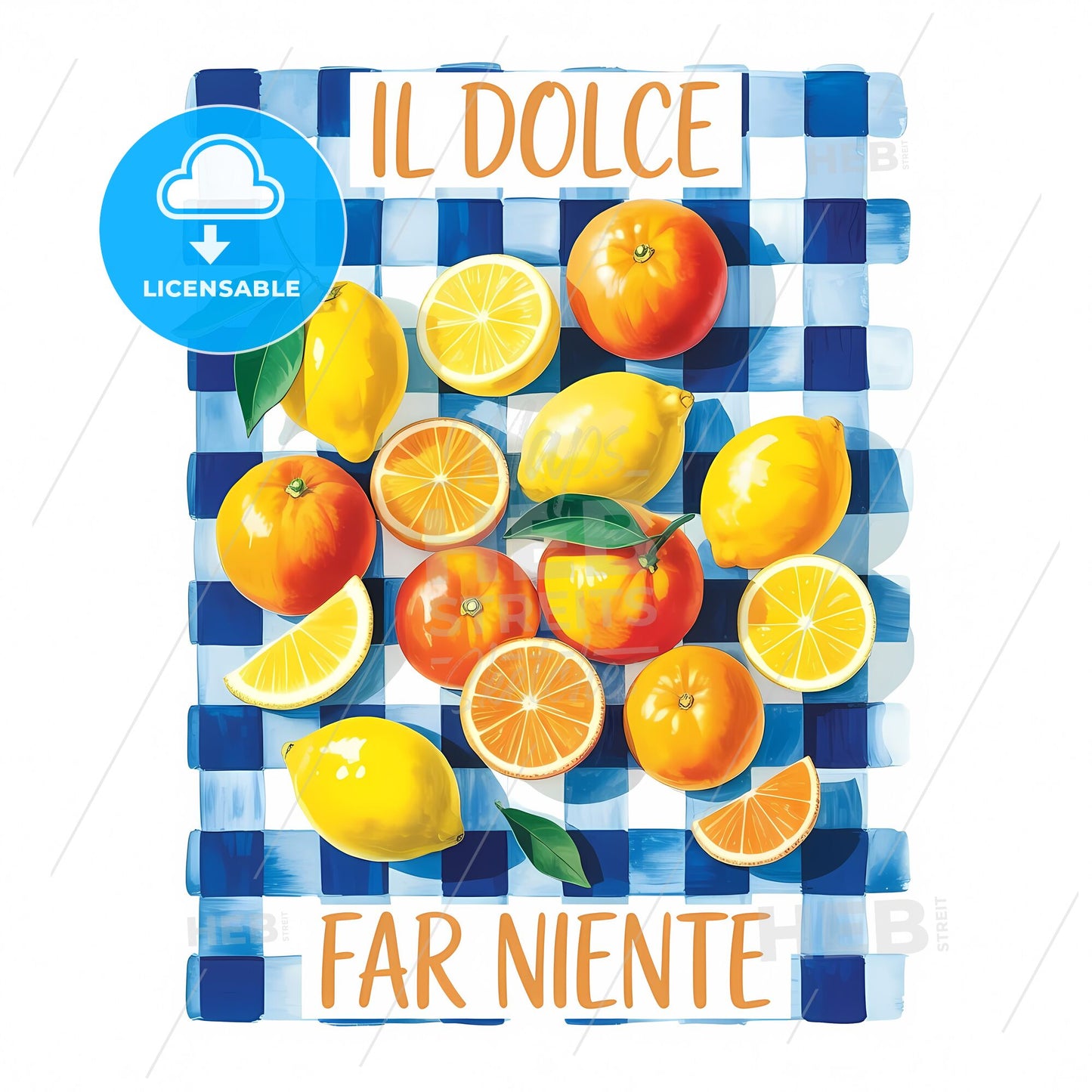 Vibrant Citrus Medley on Blue Checkered Bliss