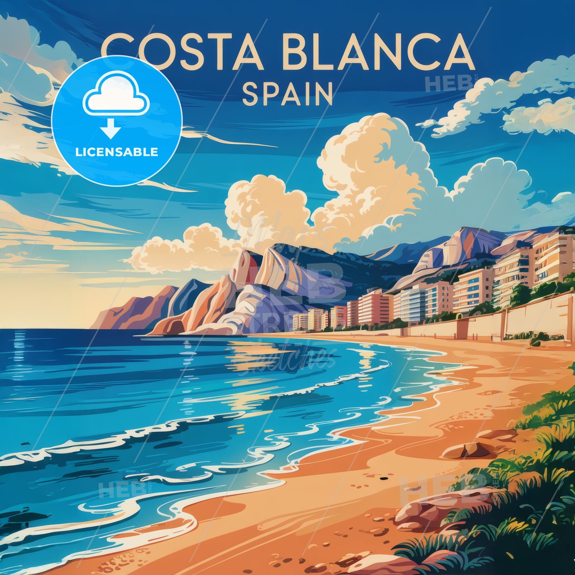 Vibrant Costa Blanca Travel Poster: Stylish Beach Scene & Stunning Coastal Views