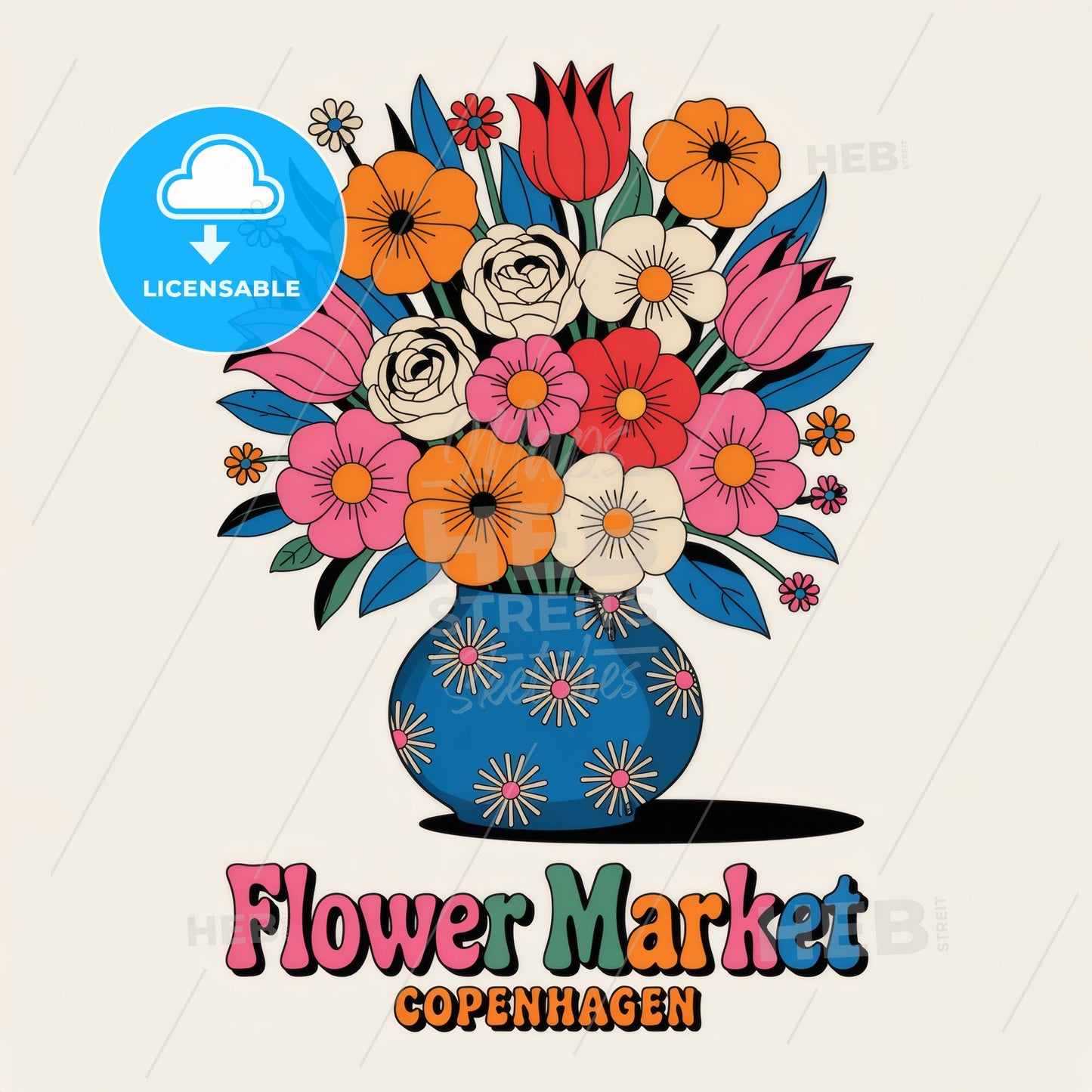 Vibrant Floral Arrangement in Blue Vase: Modern Art Print Inspired by Copenhagen