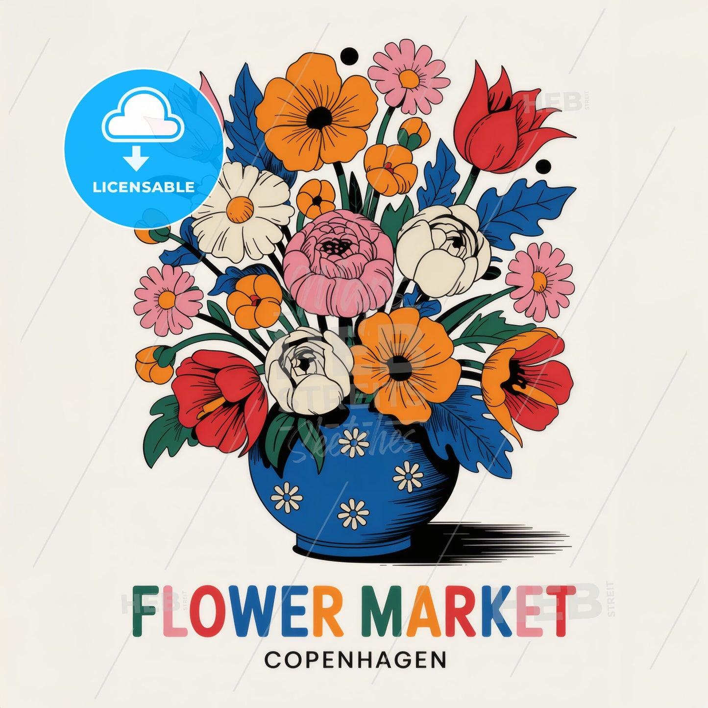 Vibrant Floral Harmony: Modern Copenhagen Flower Market Art Print in Blue Vase