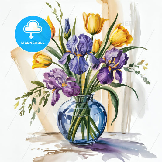 Vibrant Floral Symphony: Watercolor Irises and Tulips in a Blue Glass Vase