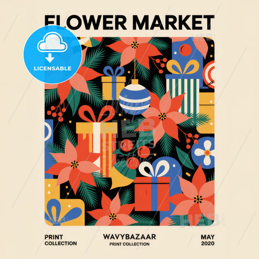 Vibrant FLOWER MARKET Art Print: Colorful Floral & Gift Box Illustration Decor