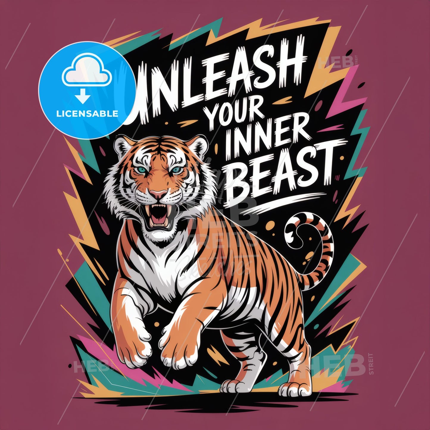 Vibrant Illustration: 'Unleash Your Inner Beast' Featuring a Dynamic Tiger Design on Bold Background.