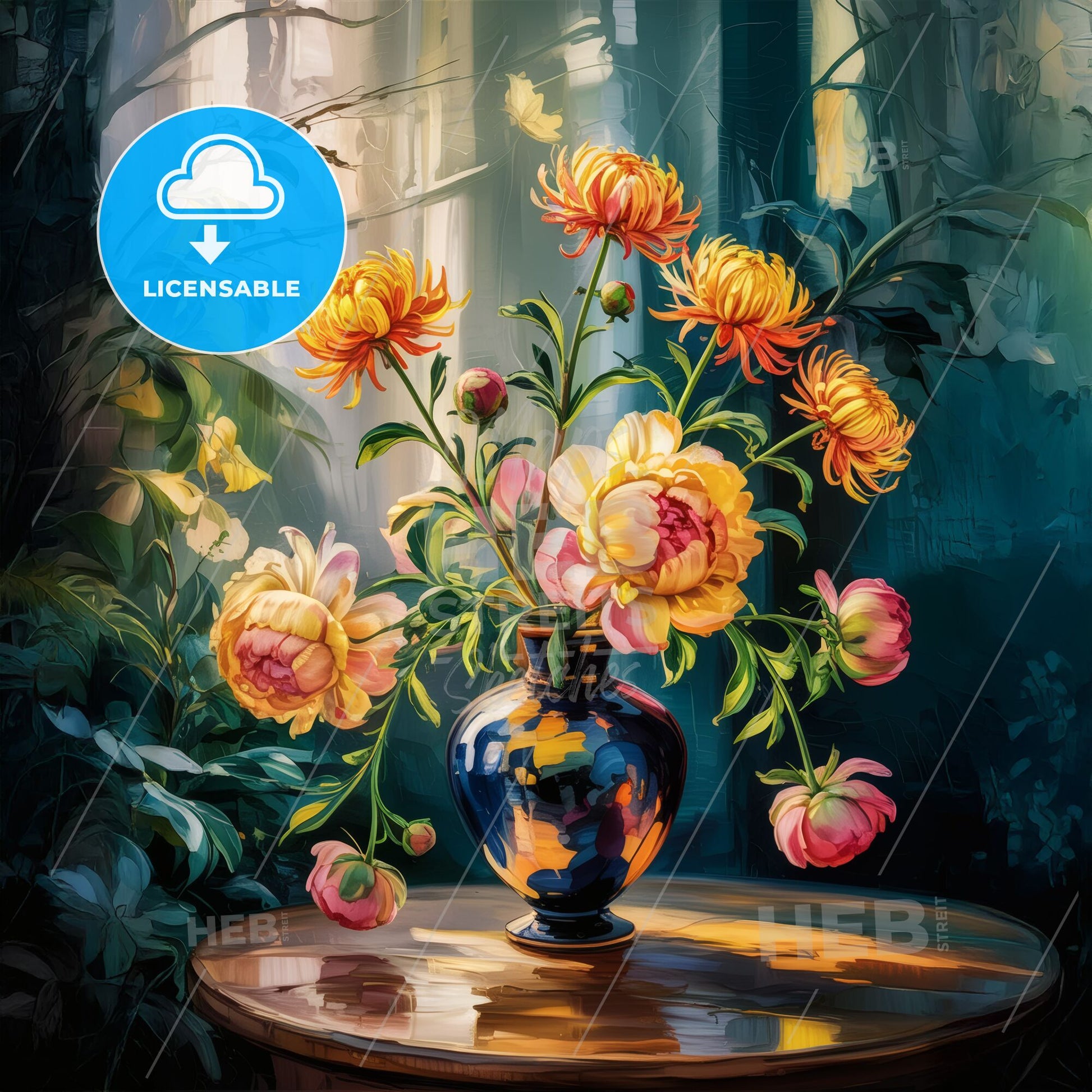 Vibrant Impressionist Floral Symphony: Yellow Peonies & Chrysanthemums in Blue Vase