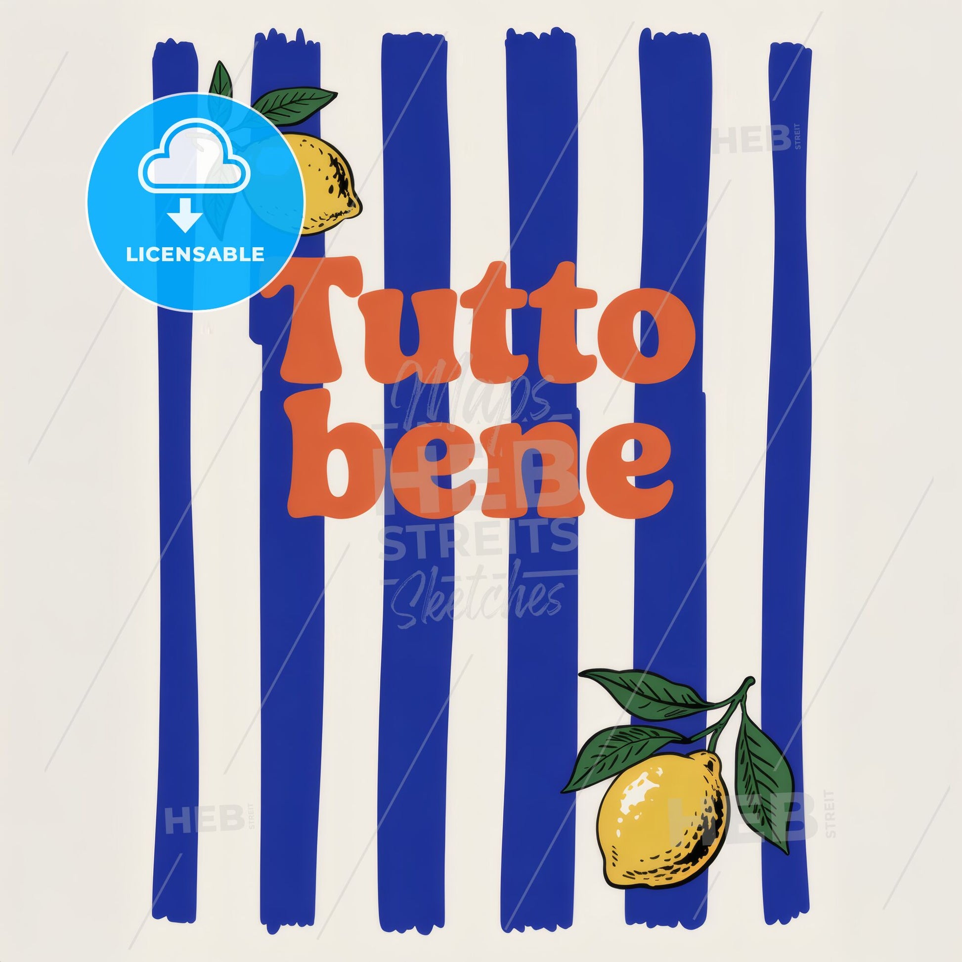 Vibrant Italian-Inspired TUTTO BENE Print with Striped Background & Lemon Art