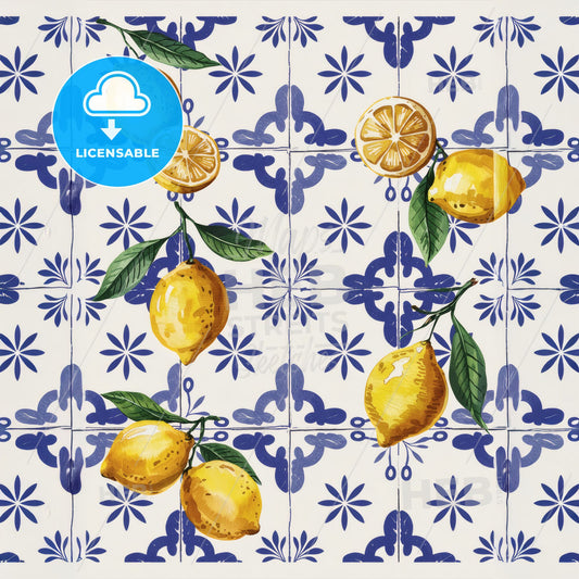 Vibrant Lemon & Azulejo Tile Watercolor Print - Coastal Mediterranean Decor