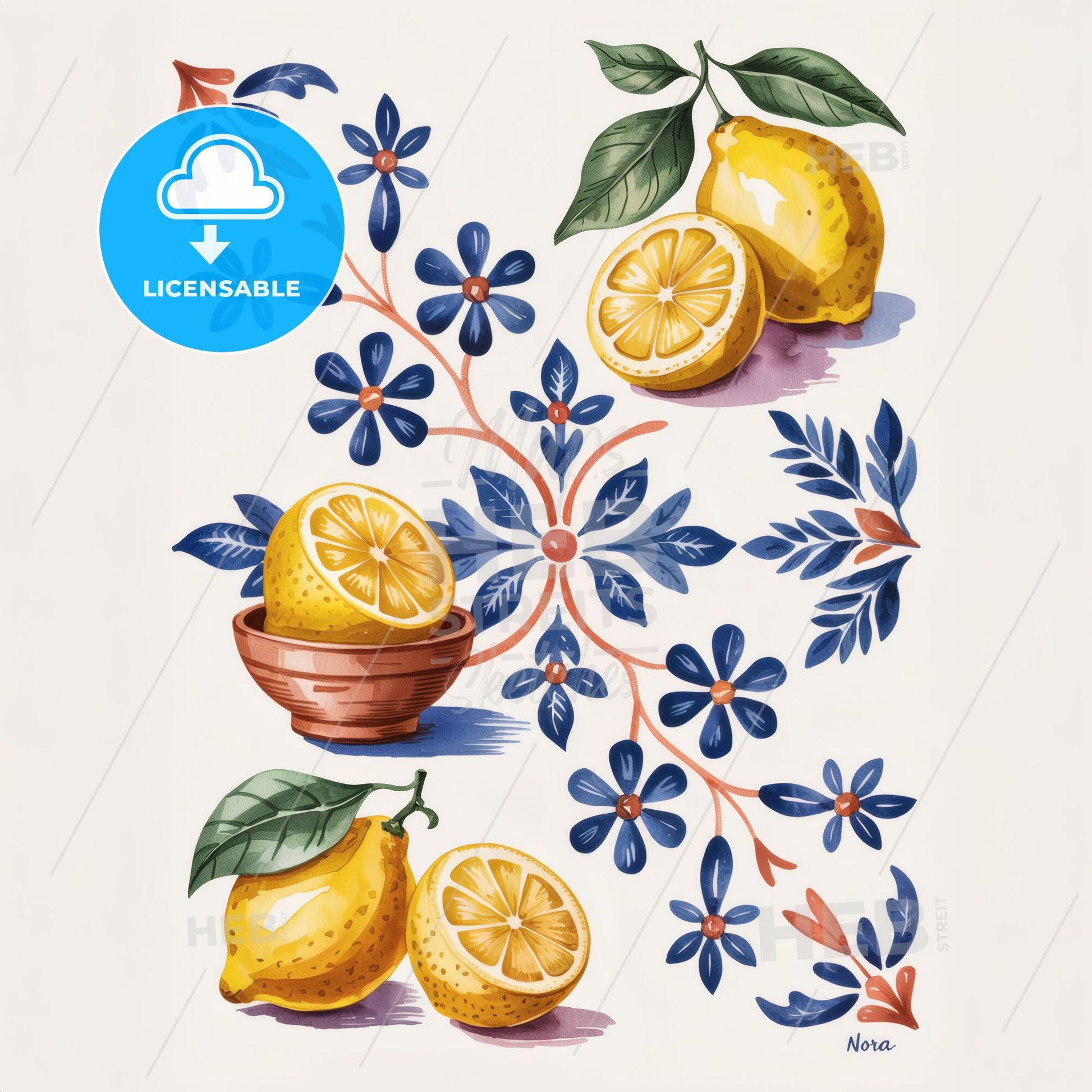 Vibrant Mediterranean Lemon & Blue Floral Watercolor Tile Art - Nora