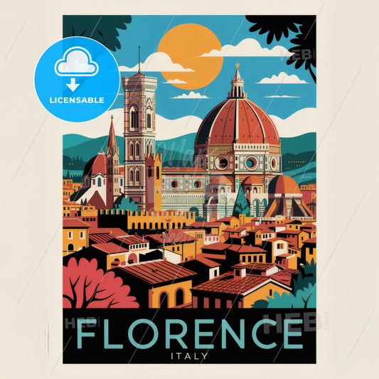 Vibrant Mid-Century Travel Poster of Florence: Iconic Duomo & Scenic Rooftops