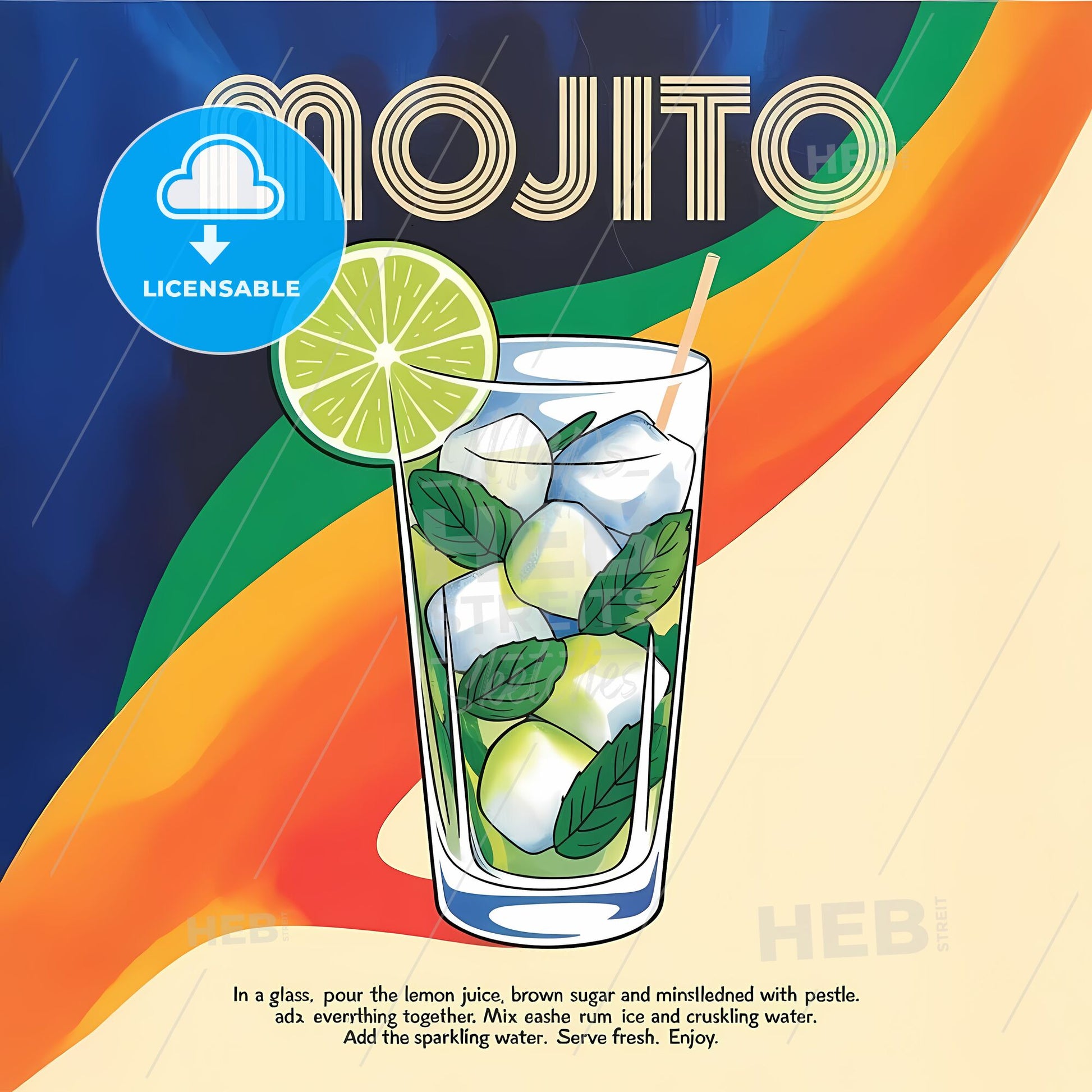 Vibrant Mojito Delight: Retro Cocktail Poster with Stylish Recipe