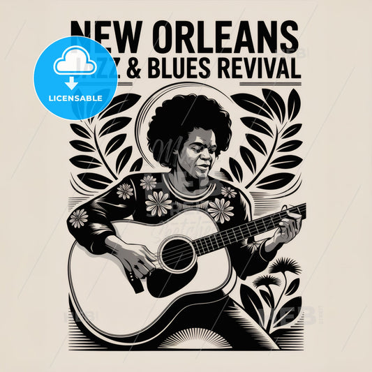 Vibrant New Orleans Jazz Revival: Bold Afro Guitarist Art Print with Floral Elegance