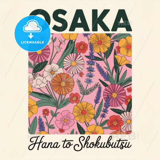 Vibrant Osaka Floral Print: Modern Botanical Design with Elegant Cursive Accent